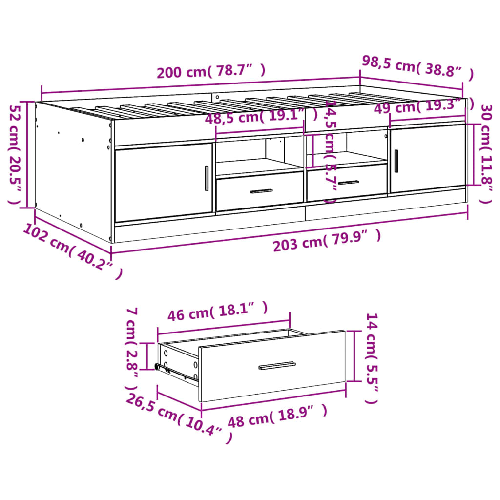 vidaXL Daybed with Drawers without Mattress Concrete Grey 100x200 cm