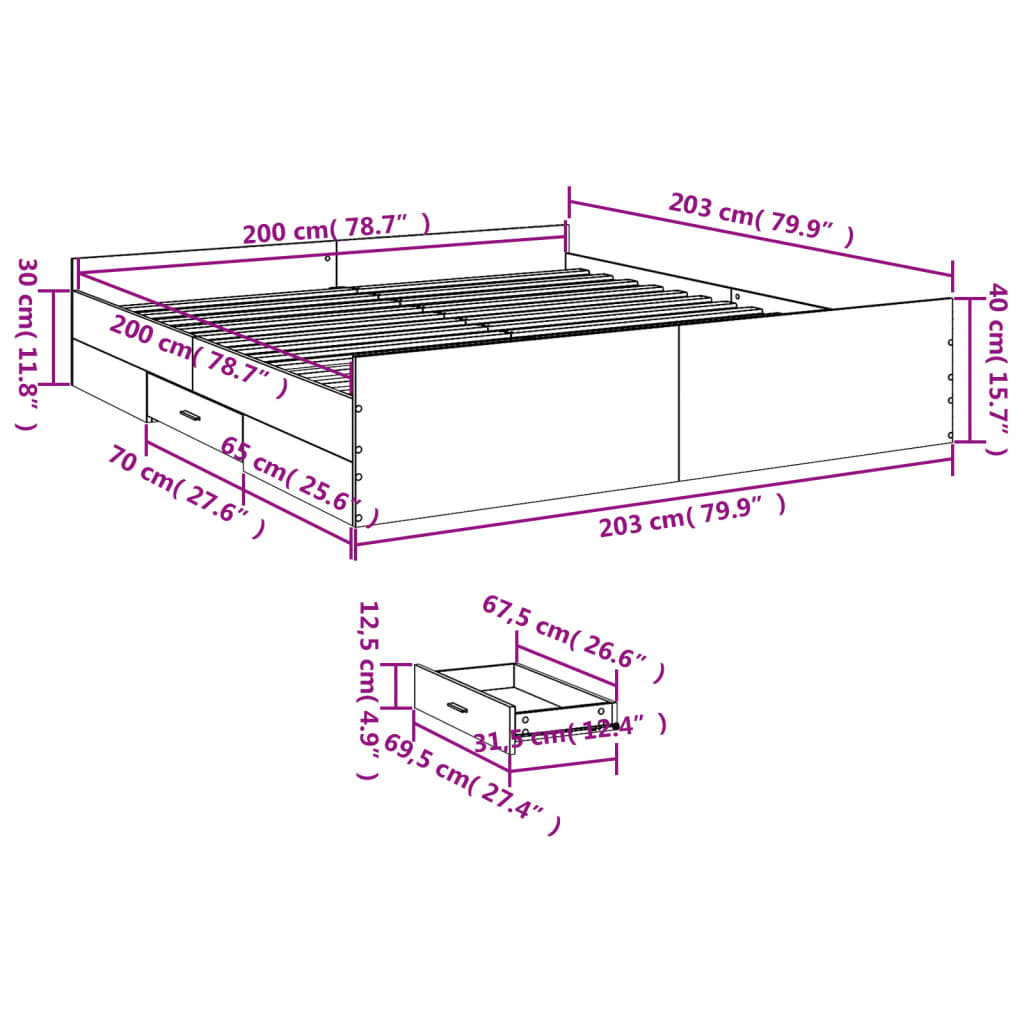 vidaXL Bed Frame with Drawers without Mattress Grey Sonoma 200x200 cm