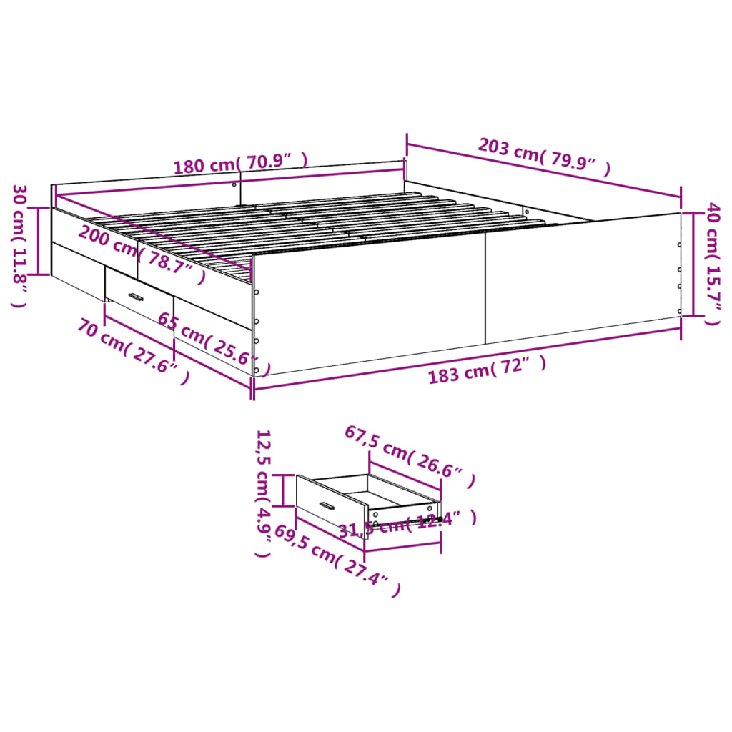 vidaXL Bed Frame with Drawers without Mattress Sonoma Oak 180x200 cm Super King