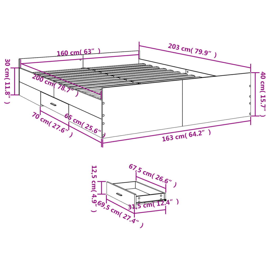 vidaXL Bed Frame with Drawers without Mattress Black 160x200 cm