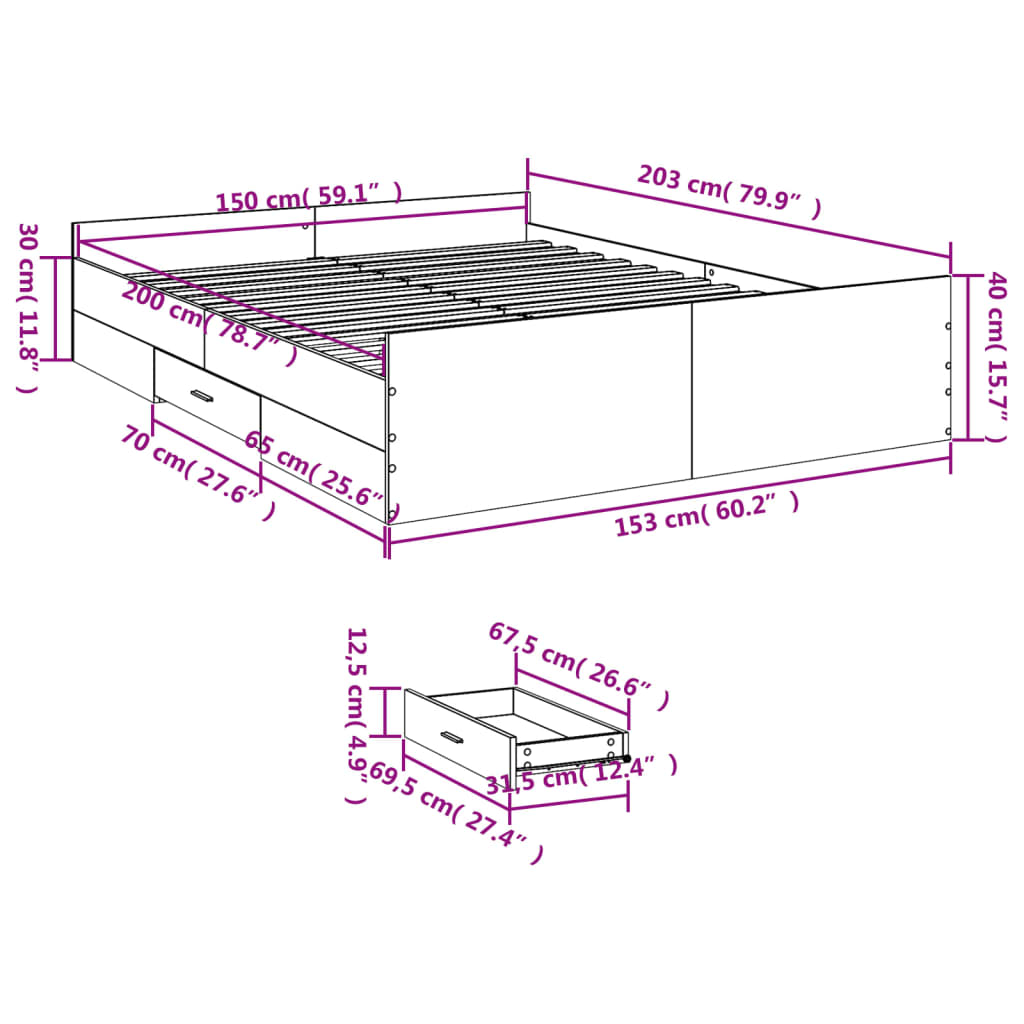 vidaXL Bed Frame with Drawers without Mattress Smoked Oak 150x200 cm King Size