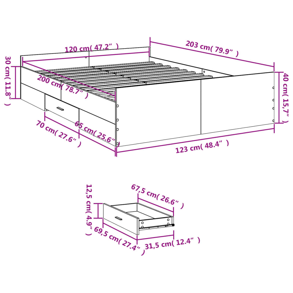 vidaXL Bed Frame with Drawers without Mattress Smoked Oak 120x200 cm