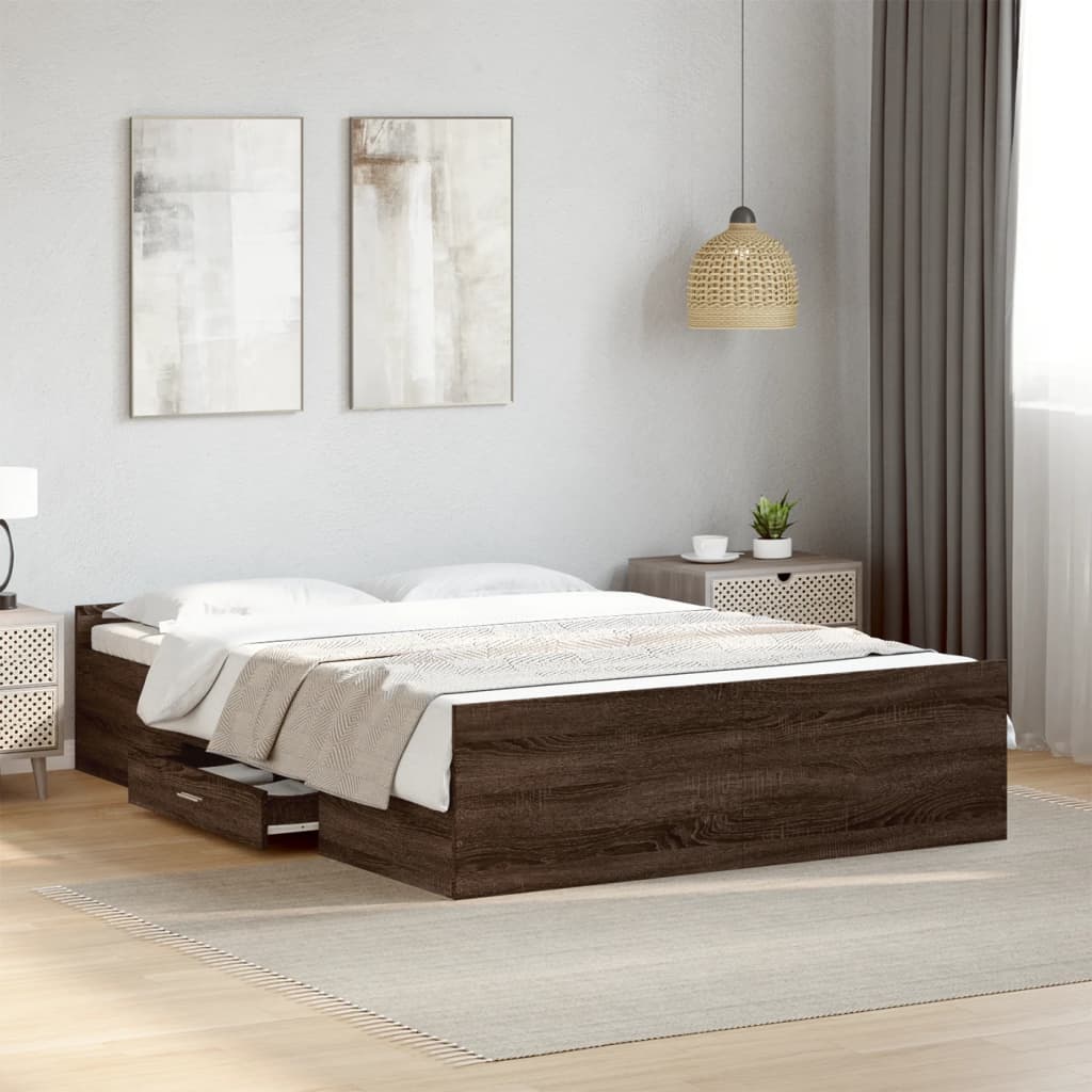 vidaXL Bed Frame with Drawers without Mattress Brown Oak 140x190 cm