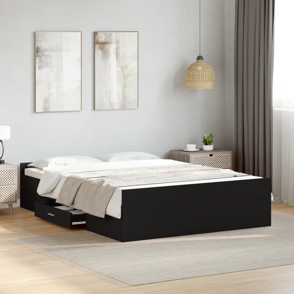 vidaXL Bed Frame with Drawers without Mattress Black 135x190 cm Double