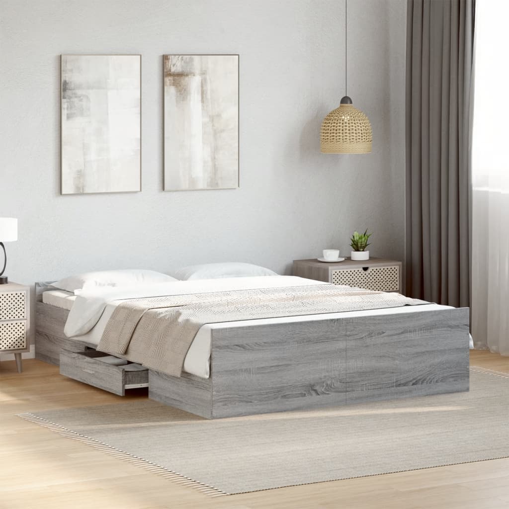 vidaXL Bed Frame with Drawers without Mattress Grey Sonoma 135x190 cm Double