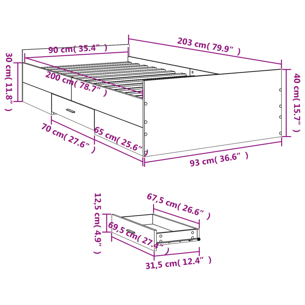 vidaXL Bed Frame with Drawers without Mattress Grey Sonoma 90x200 cm