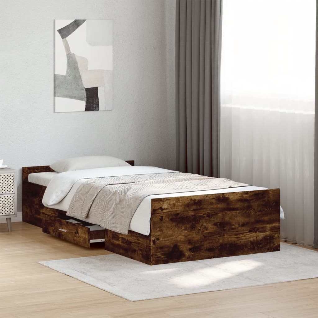 vidaXL Bed Frame with Drawers without Mattress Smoked Oak 90x190 cm Single