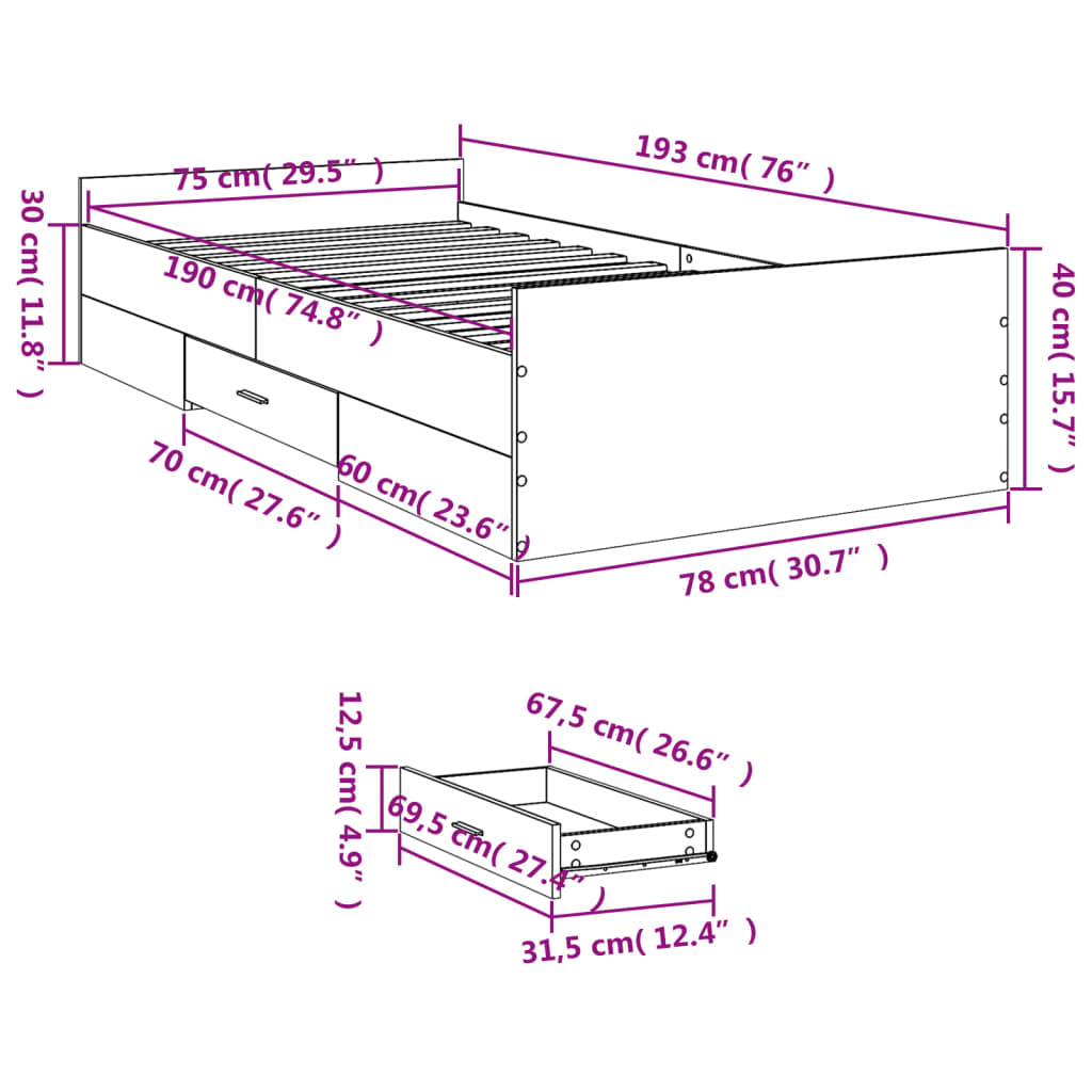 vidaXL Bed Frame with Drawers without Mattress Concrete Grey 75x190 cm Small Single