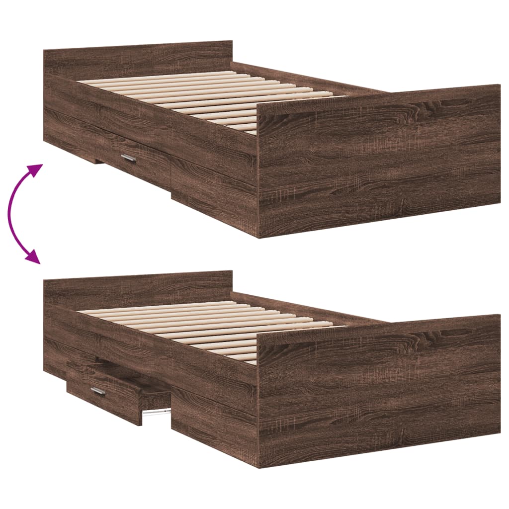 vidaXL Bed Frame with Drawers without Mattress Brown Oak 75x190 cm Small Single