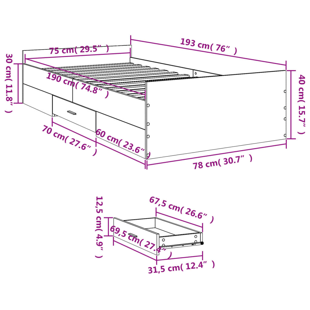 vidaXL Bed Frame with Drawers without Mattress Brown Oak 75x190 cm Small Single