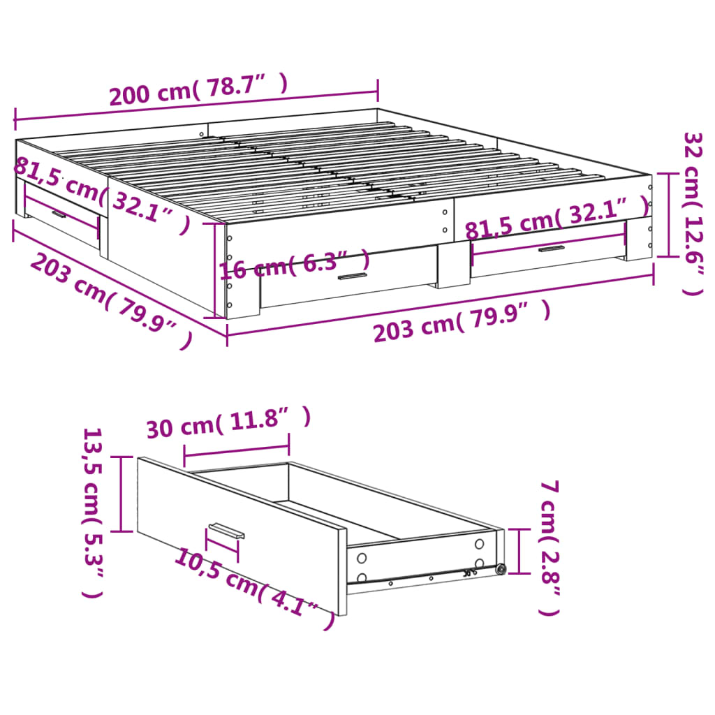 vidaXL Bed Frame with Drawers without Mattress White 200x200 cm