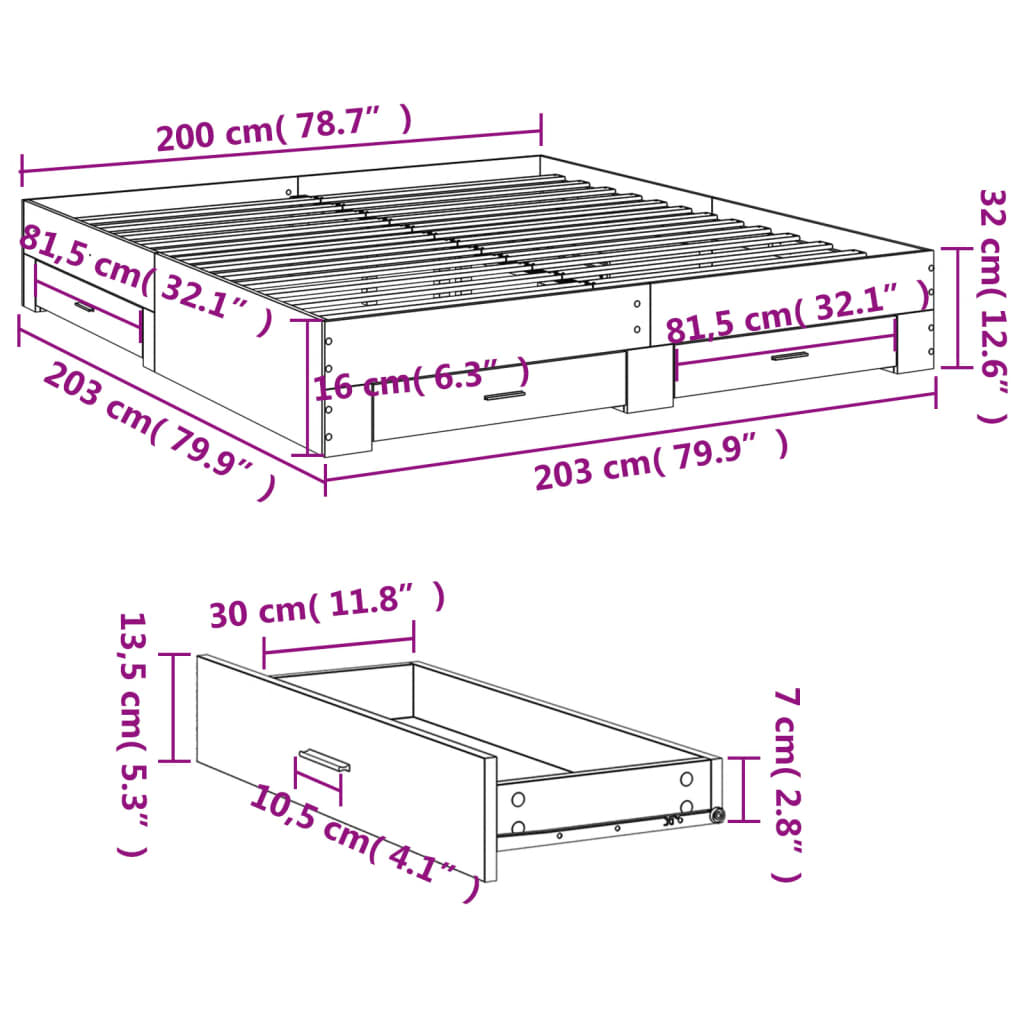 vidaXL Bed Frame with Drawers without Mattress Brown Oak 200x200 cm