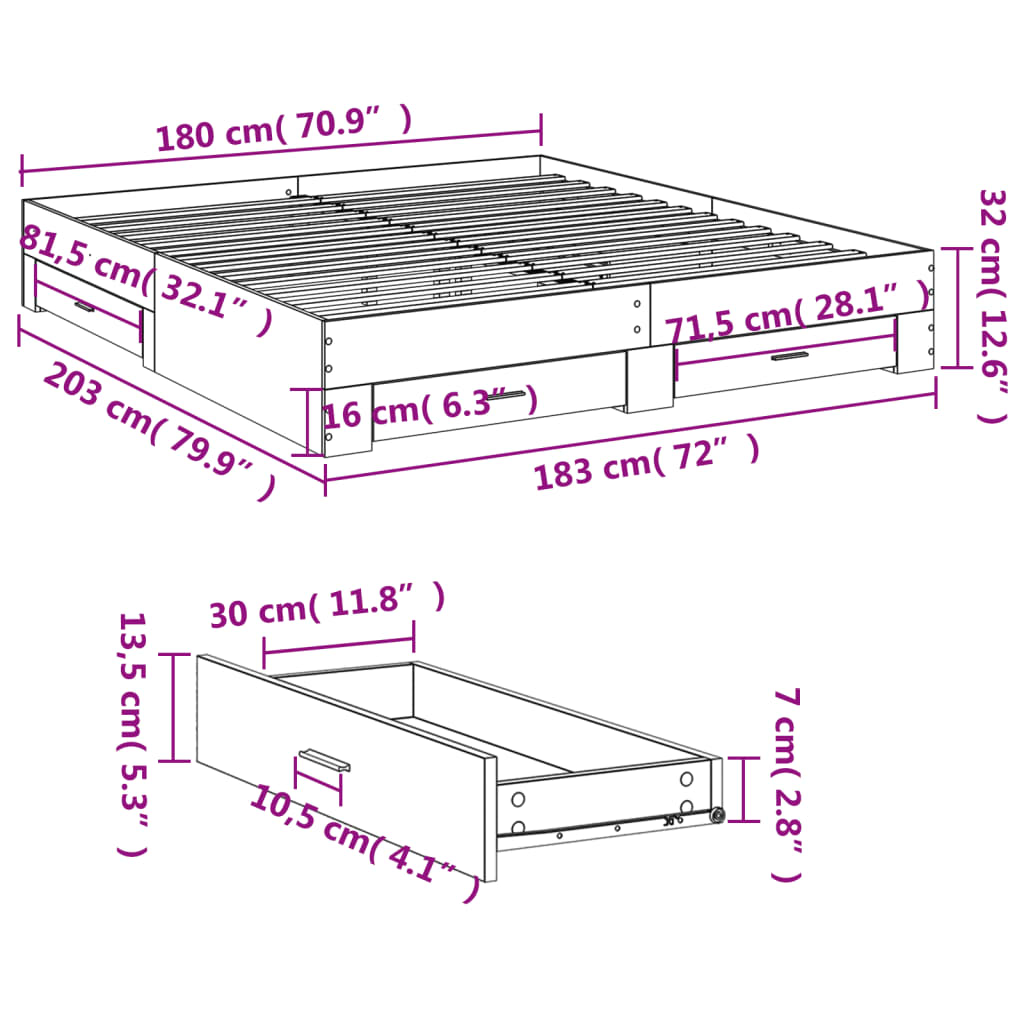 vidaXL Bed Frame with Drawers without Mattress Concrete Grey 180x200 cm Super King