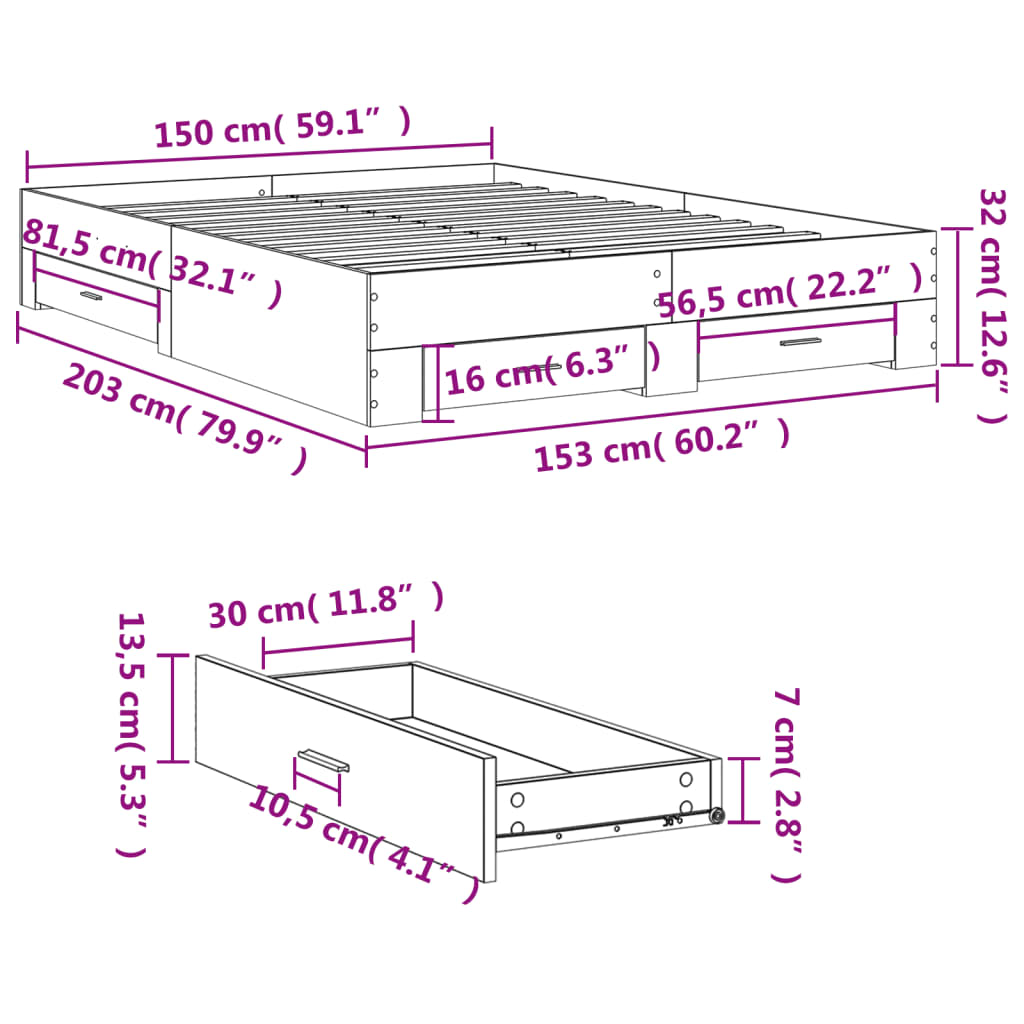 vidaXL Bed Frame with Drawers without Mattress White 150x200 cm King Size