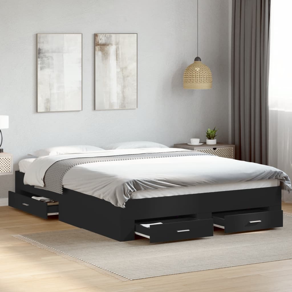 vidaXL Bed Frame with Drawers without Mattress Black 150x200 cm King Size