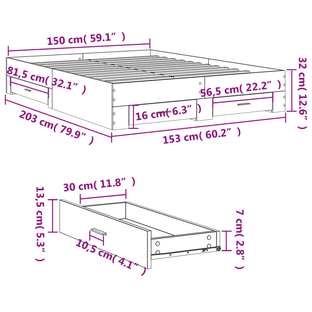 vidaXL Bed Frame with Drawers without Mattress Concrete Grey 150x200 cm King Size