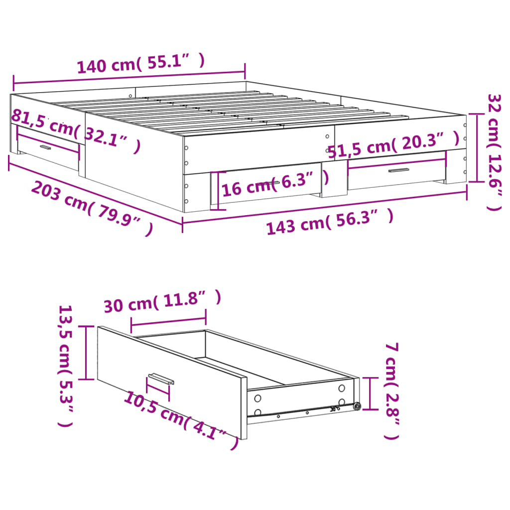 vidaXL Bed Frame with Drawers without Mattress White 140x200 cm