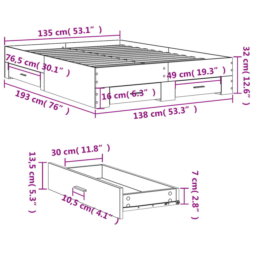 vidaXL Bed Frame with Drawers without Mattress Sonoma Oak 135x190 cm Double