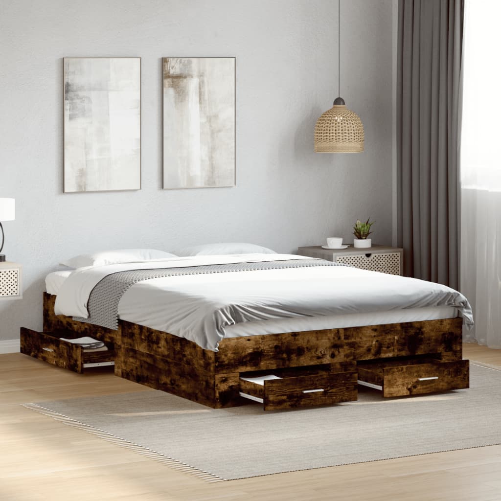 vidaXL Bed Frame with Drawers without Mattress Smoked Oak 135x190 cm Double