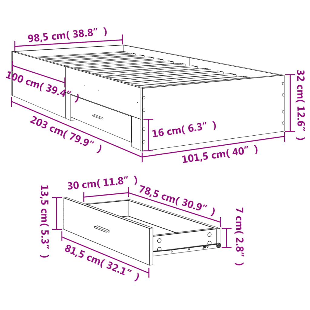 vidaXL Bed Frame with Drawers without Mattress White 100x200 cm