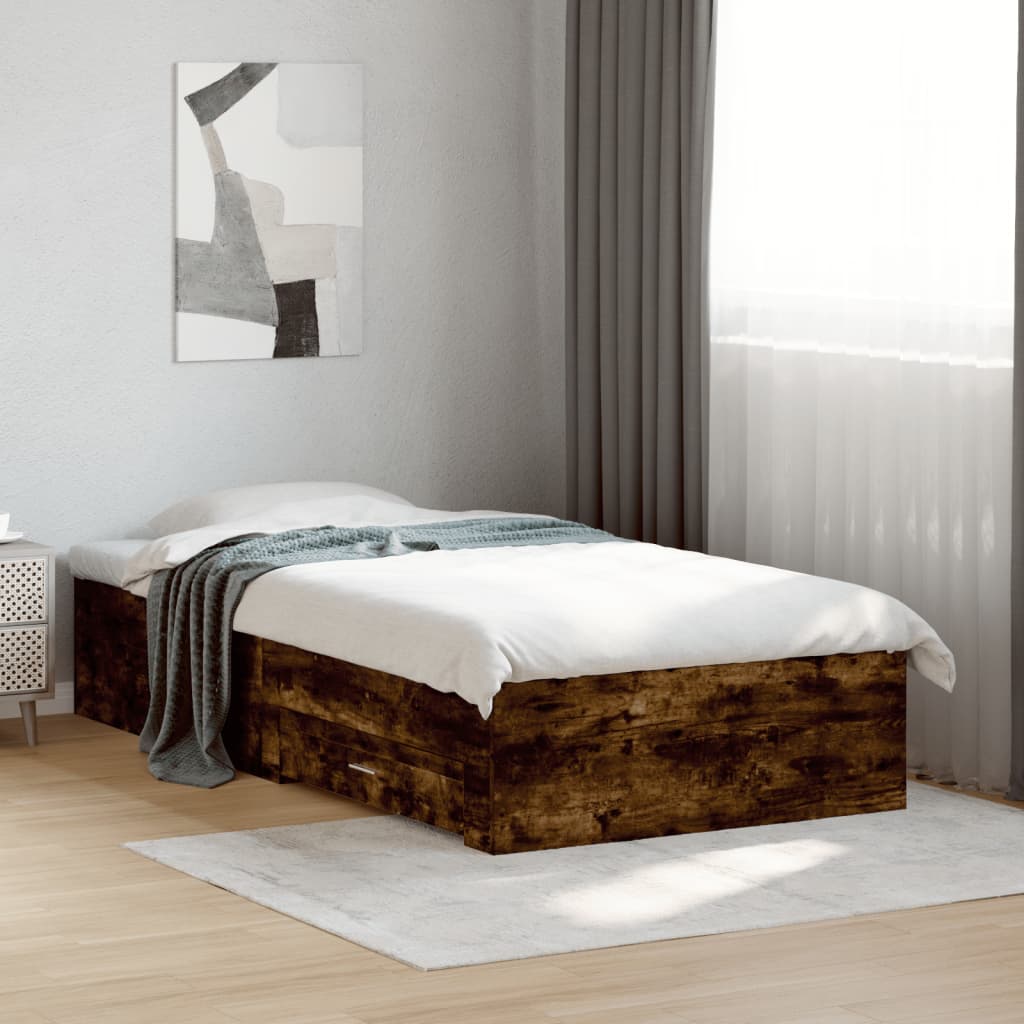 vidaXL Bed Frame with Drawers without Mattress Smoked Oak 100x200 cm