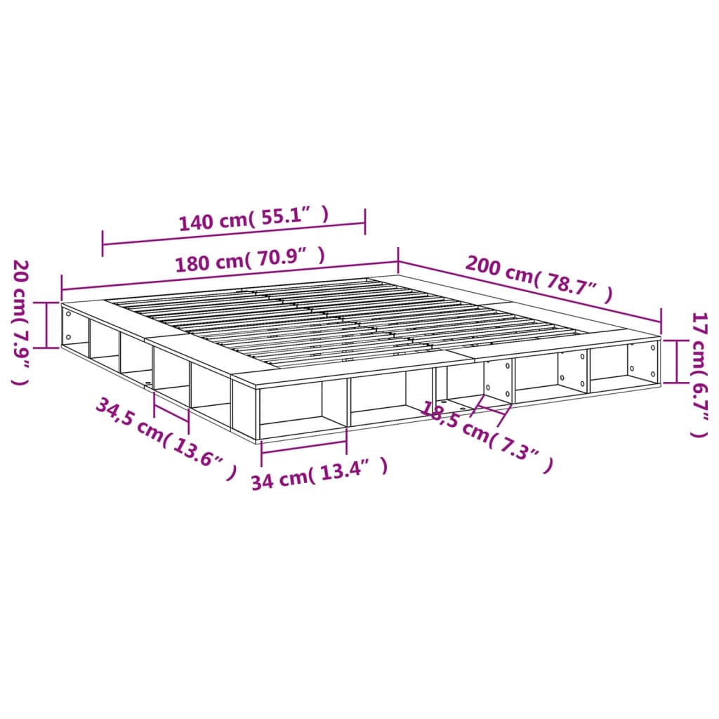 vidaXL Bed Frame without Mattress Grey Sonoma 180x200 cm Super King