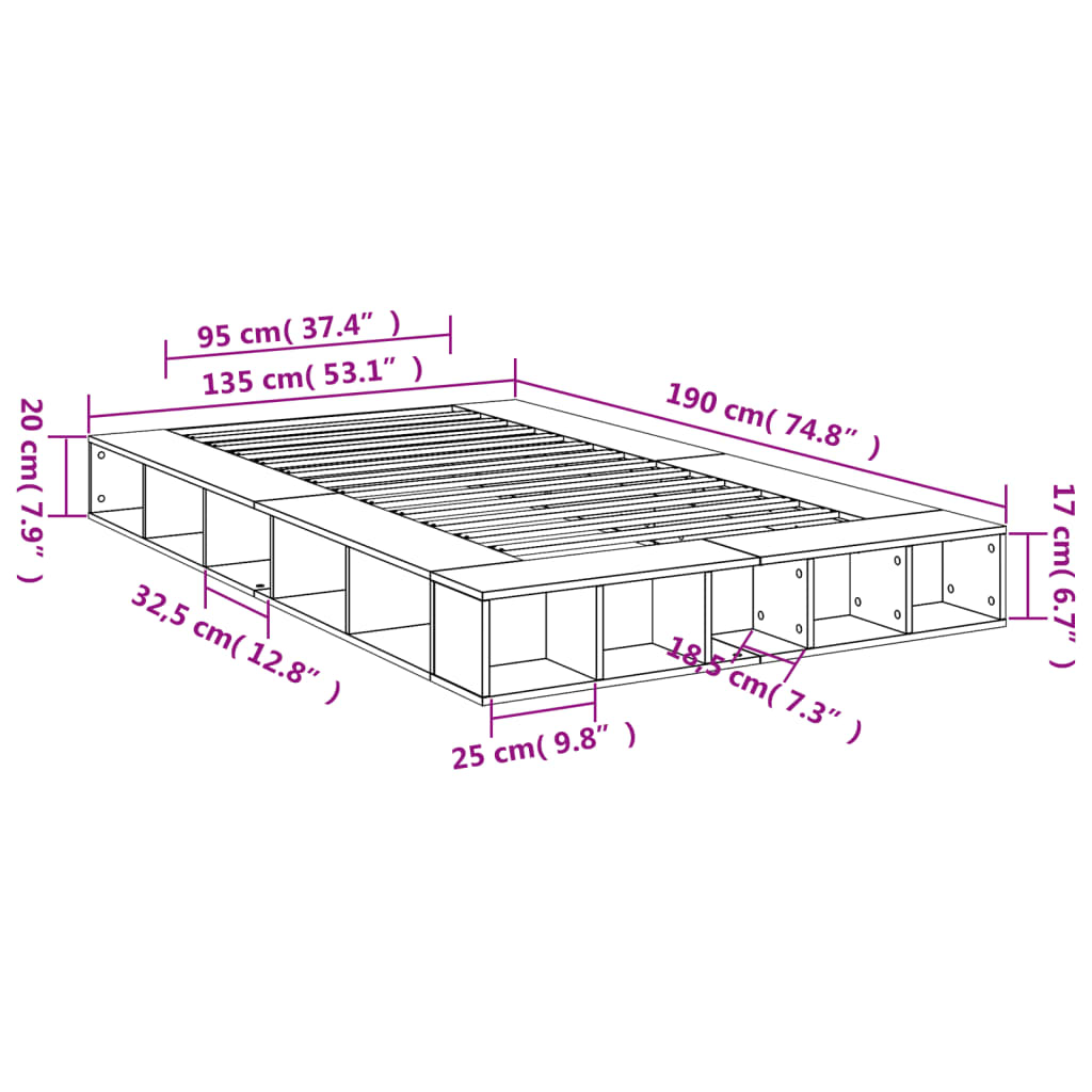 vidaXL Bed Frame without Mattress Concrete Grey 135x190 cm Double