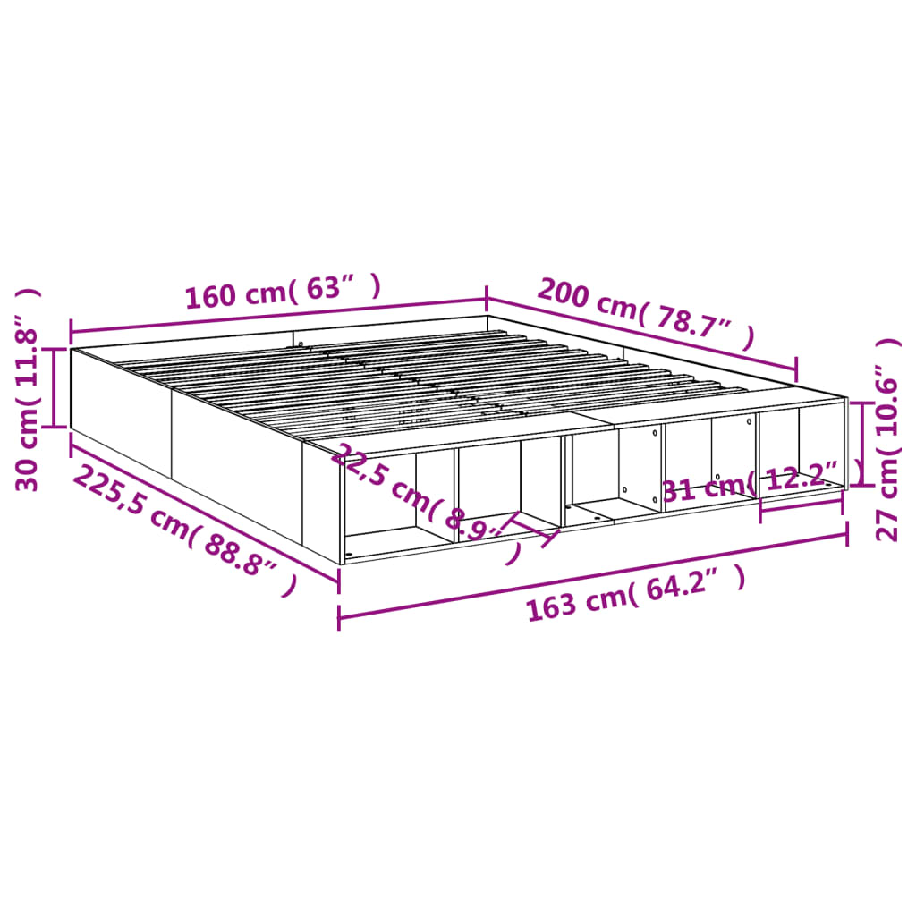 vidaXL Bed Frame without Mattress Grey Sonoma 160x200 cm