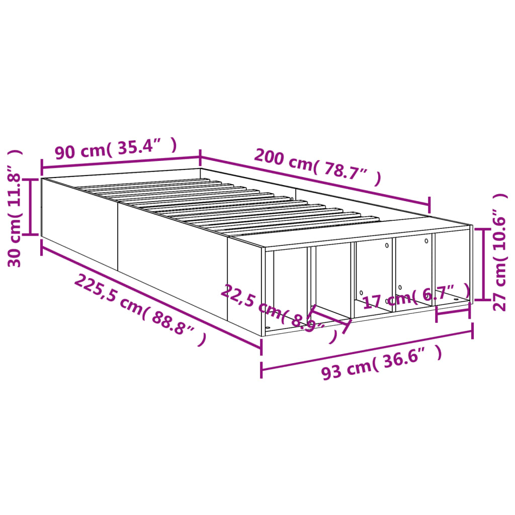 vidaXL Bed Frame without Mattress Concrete Grey 90x200 cm