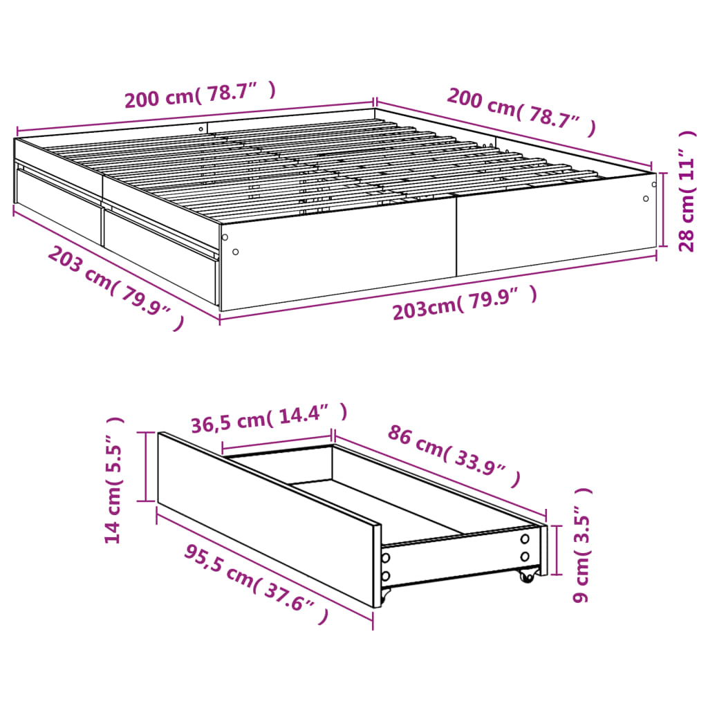 vidaXL Bed Frame with Drawers without Mattress Concrete Grey 200x200 cm