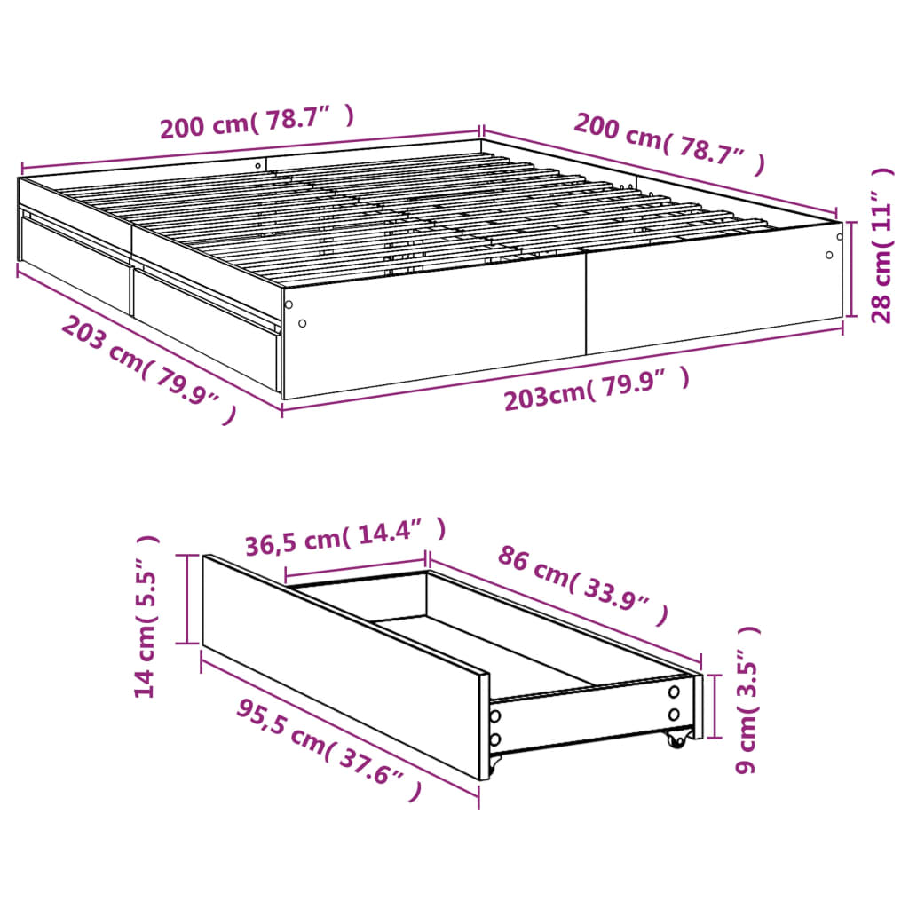 vidaXL Bed Frame with Drawers without Mattress Brown Oak 200x200 cm