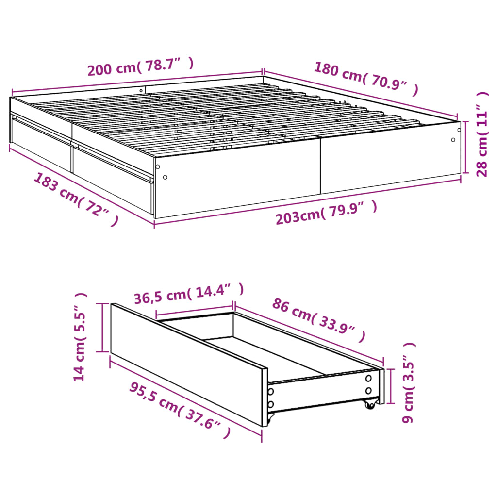 vidaXL Bed Frame with Drawers without Mattress White 180x200 cm Super King