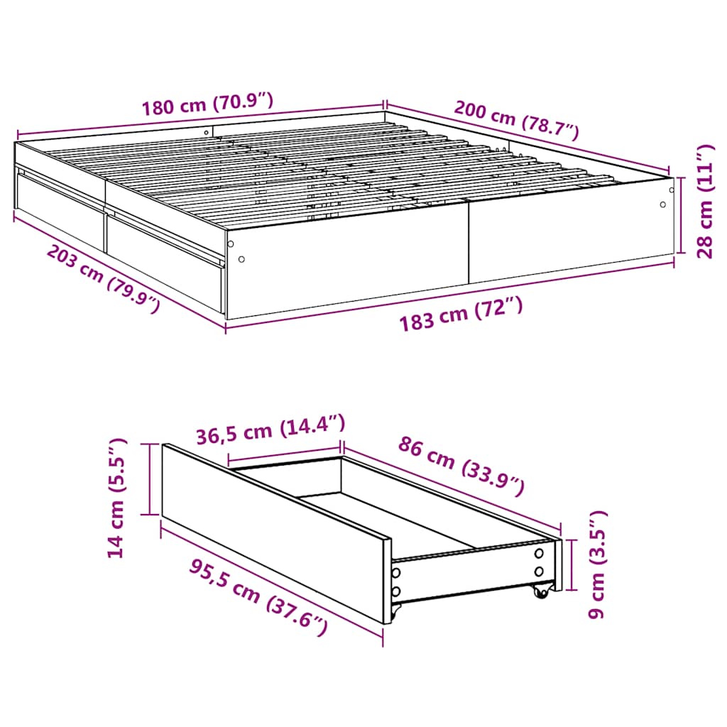 Bed Frame with Drawers without Mattress Sonoma Oak 180x200 cm Super King