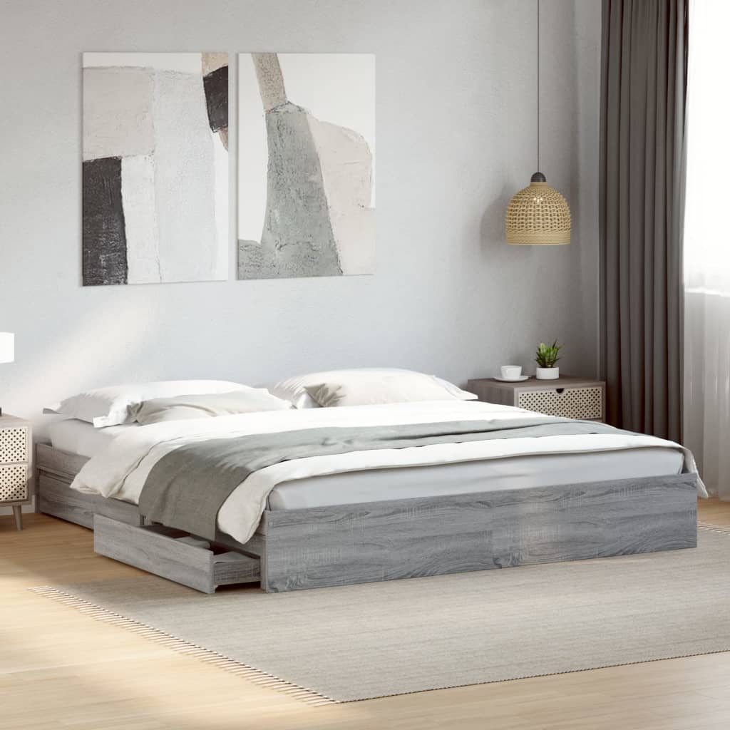 vidaXL Bed Frame with Drawers without Mattress Grey Sonoma 180x200 cm Super King