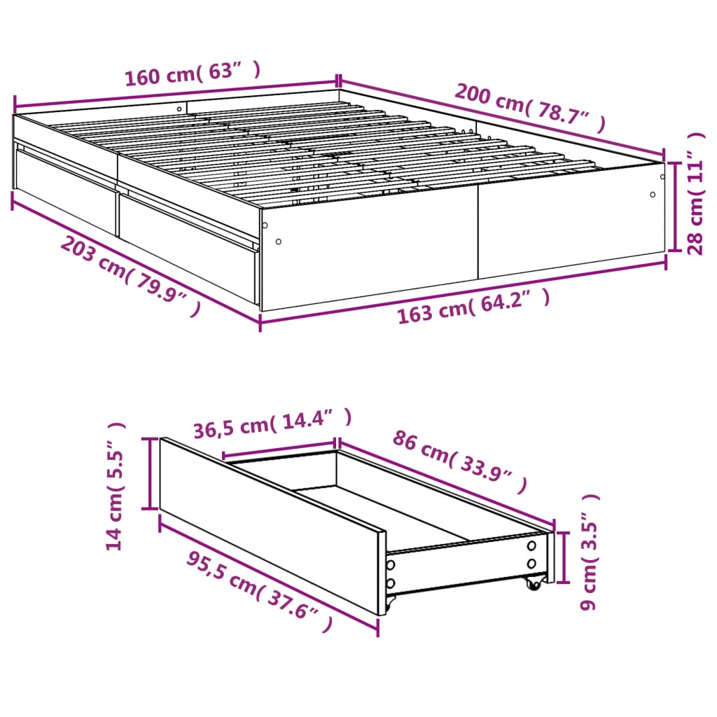 vidaXL Bed Frame with Drawers without Mattress Black 160x200 cm