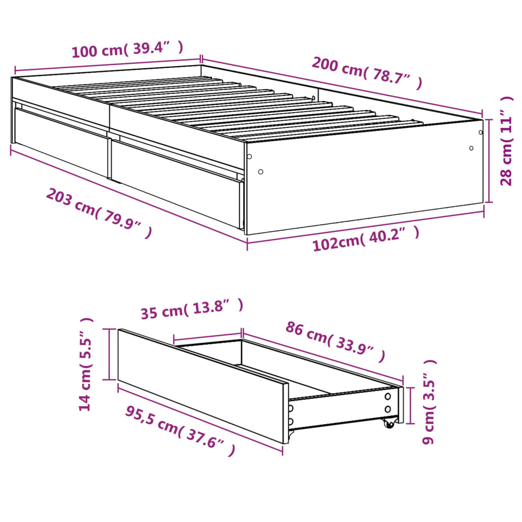 vidaXL Bed Frame with Drawers without Mattress White 100x200 cm