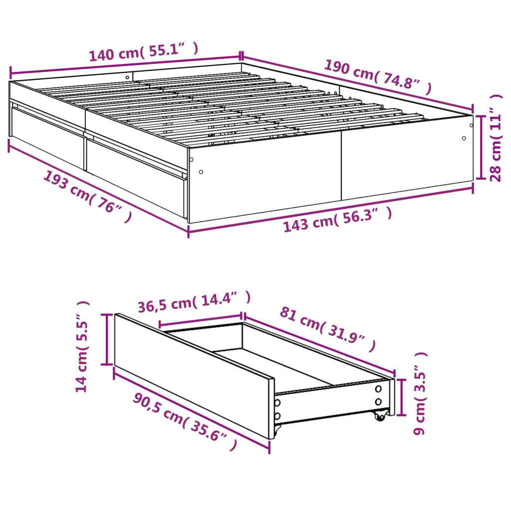 vidaXL Bed Frame with Drawers without Mattress Sonoma Oak 140x190 cm