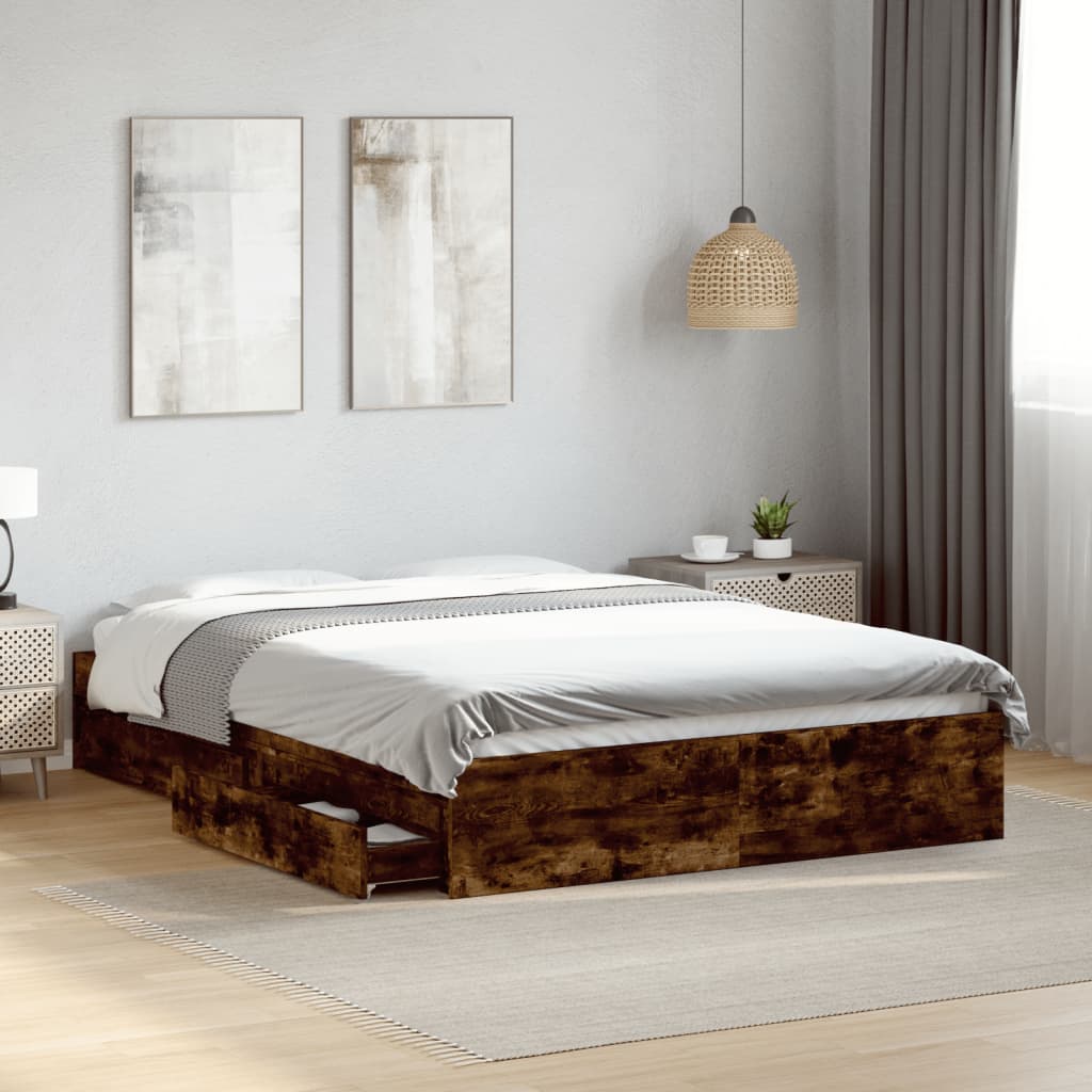 vidaXL Bed Frame with Drawers without Mattress Smoked Oak 140x190 cm