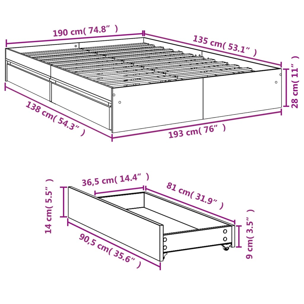 vidaXL Bed Frame with Drawers without Mattress Sonoma Oak 135x190 cm Double