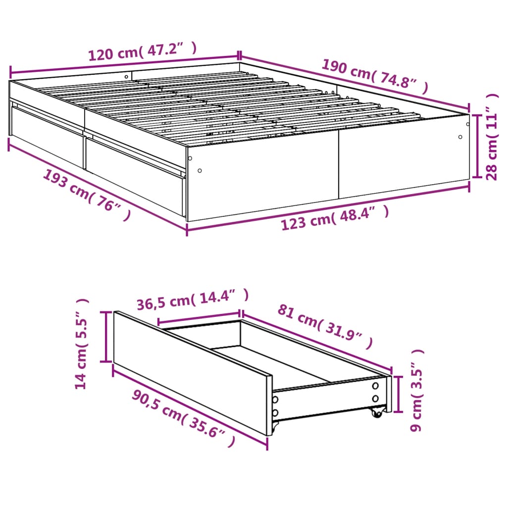 vidaXL Bed Frame with Drawers without Mattress White 120x190 cm Small Double