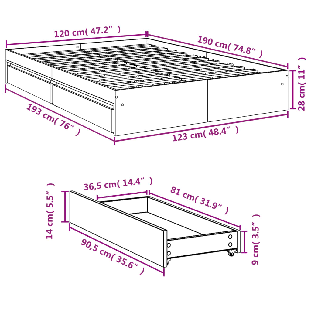 vidaXL Bed Frame with Drawers without Mattress Grey Sonoma 120x190 cm Small Double