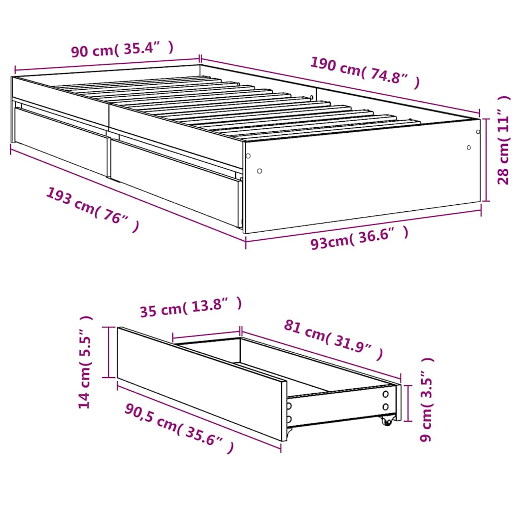 Bed Frame with Drawers without Mattress Grey Sonoma 90x190 cm Single