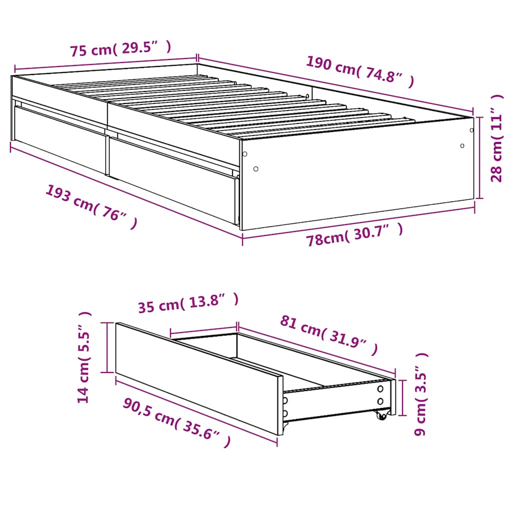 Bed Frame with Drawers without Mattress White 75x190 cm Small Single