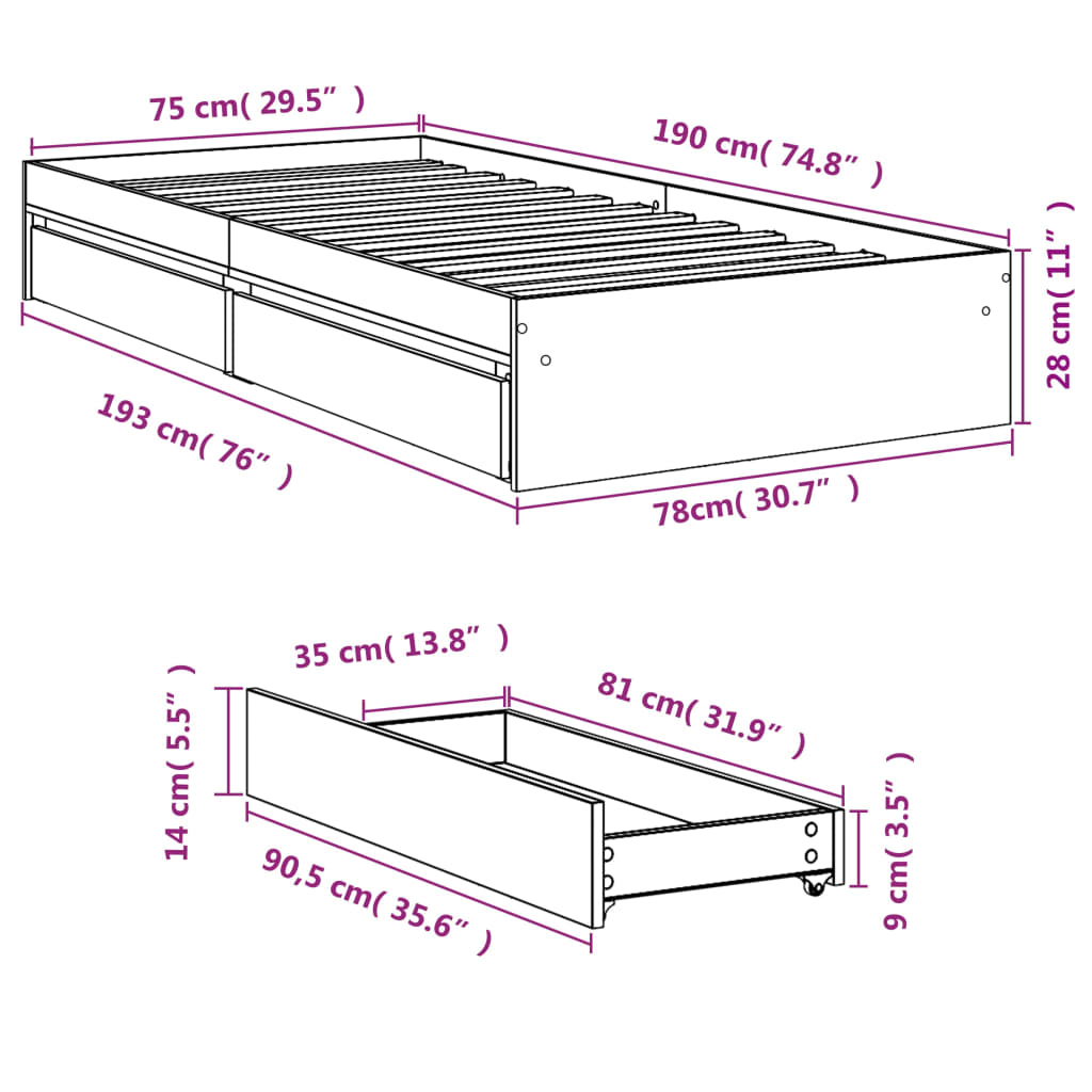 vidaXL Bed Frame with Drawers without Mattress Black 75x190 cm Small Single