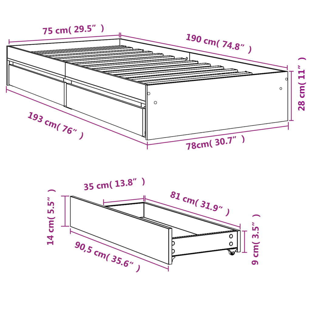 vidaXL Bed Frame with Drawers without Mattress Brown Oak 75x190 cm Small Single