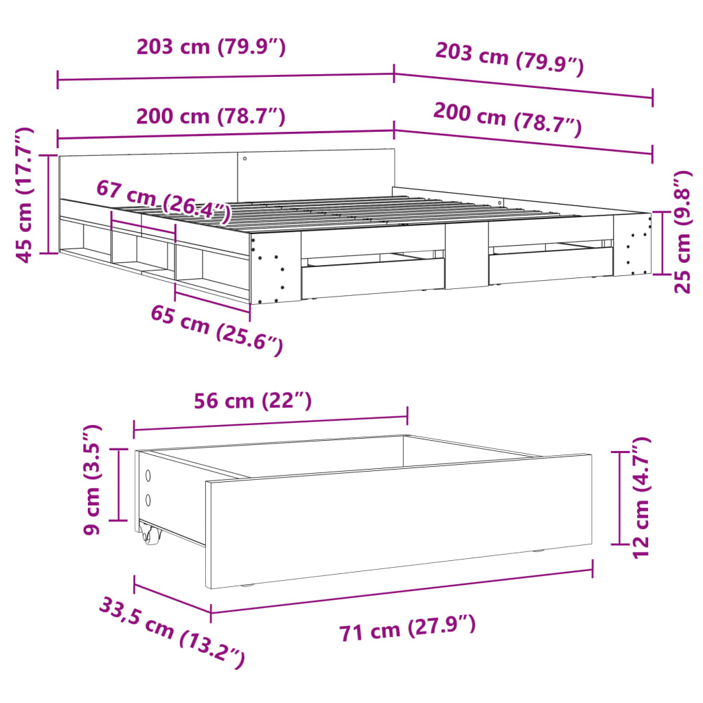 Bed Frame with Drawers without Mattress Grey Sonoma 200x200 cm