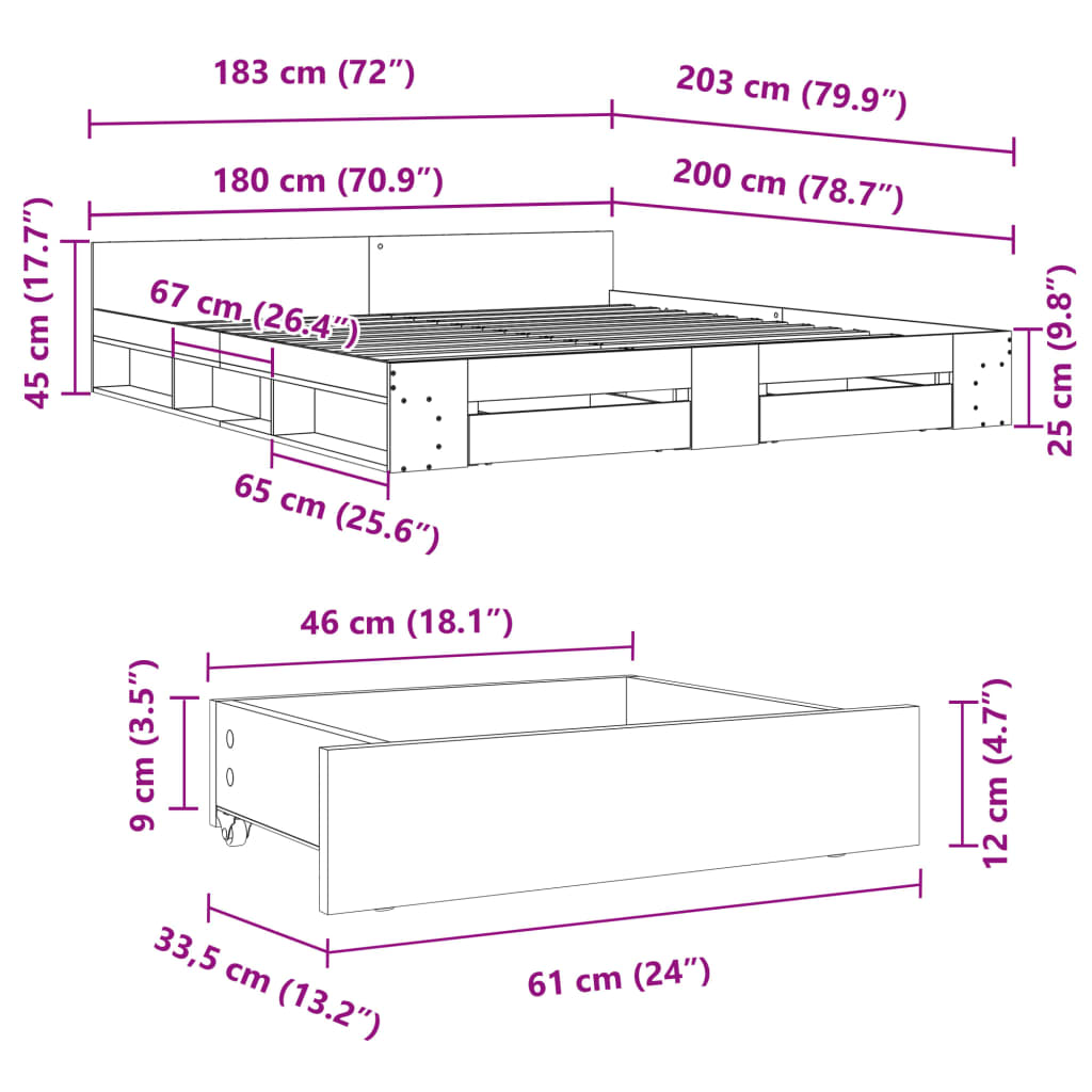 vidaXL Bed Frame with Drawers without Mattress Concrete Grey 180x200 cm Super King