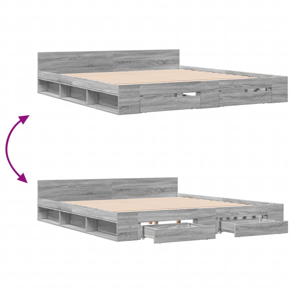 Bed Frame with Drawers without Mattress Grey Sonoma 180x200 cm Super King