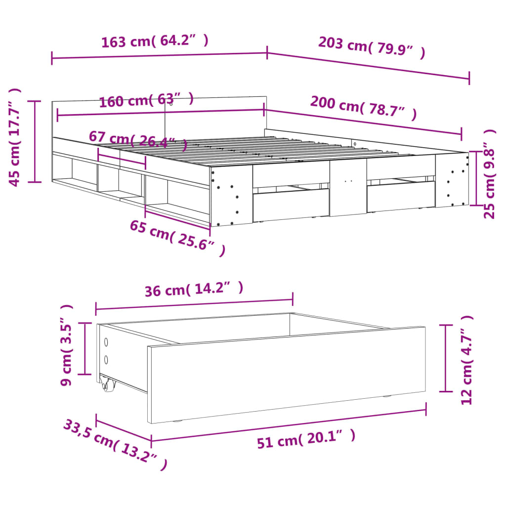 vidaXL Bed Frame with Drawers without Mattress Brown Oak 160x200 cm