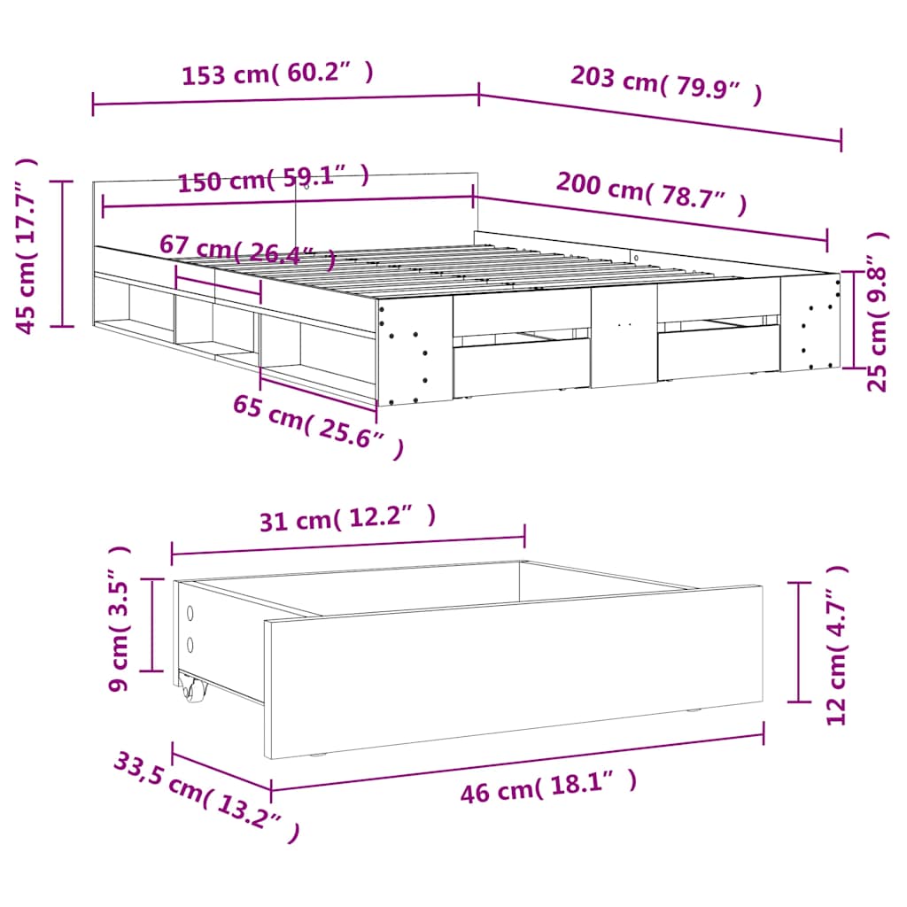 Bed Frame with Drawers without Mattress Sonoma Oak 150x200 cm King Size
